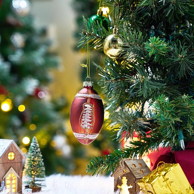 Joiedomi Christmas Football Glass Small Ornament, Sports Ball Glass Blown Mini Ornament, Boys Sports Decorations for Xmas Gift Holiday Party Favor Indoor Decoration