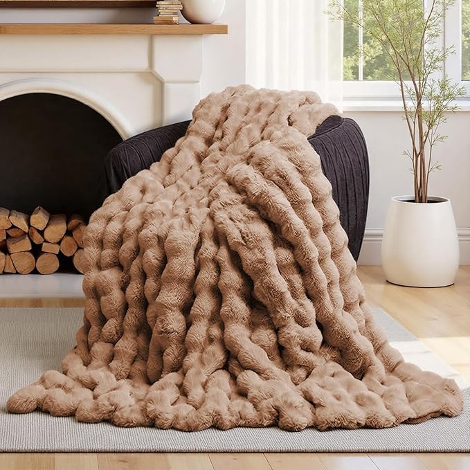 Lotus Karen Faux Fur Throw Blanket Khaki - Big Bubble Rabbit Fluff Blanket for Couch, Small Fluffy Fuzzy Cozy Blanket, Thick Furry Plush Shaggy Blankets, 50x60 Inches