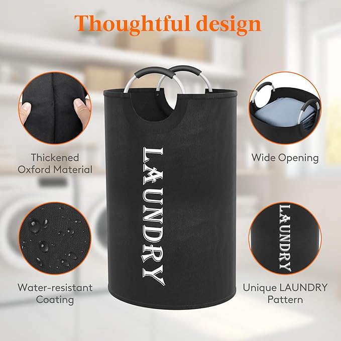 Lifewit 120L 2-Pack Large Laundry Basket, Collapsible Laundry Hamper with Aluminum Handles, Waterproof Freestanding Dirty Clothes Hampers for Laundry Room Bedroom Dorm Bathroom, Black