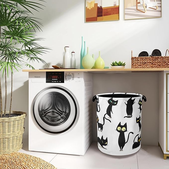 Funny Black Cat Laundry Hamper,Dirty Clothes Laundry Basket with Handles Waterproof Oxford Cloth Storage Basket for College Dorms Bathroom Bedroom 16" x 20.8"