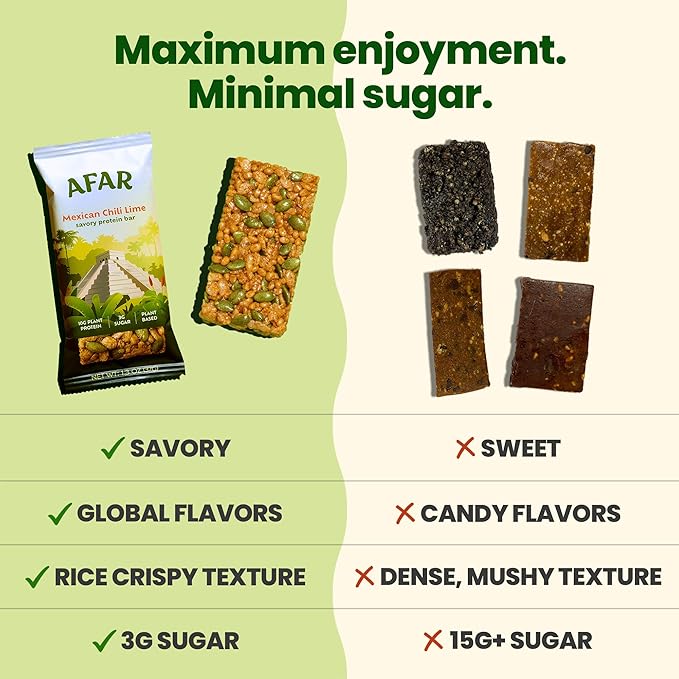 Afar Savory Protein Bars – Low Sugar, High Protein – Healthy Snacks for Adults – Meal Replacement Bar – Rice Crispy Texture – Vegan, Gluten Free (8 Bars, Mexican Chili Lime)