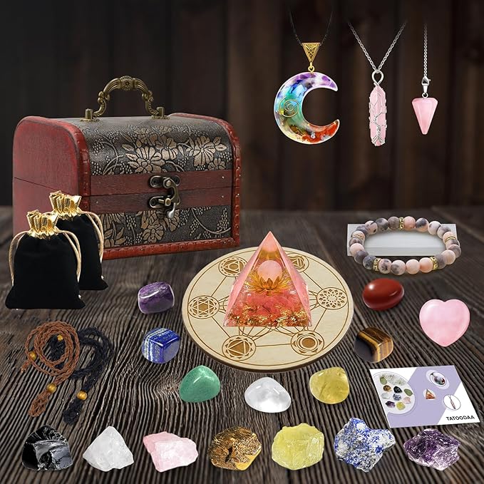28 Pcs Healing Crystals and Stones, Chakra Crystal Set, 7 Chakra Stones Crystals Kit Pyramid Natural Real Raw Selenite Reiki Mditation for Beginners with Wooden Box, Crystal Gifts for Women