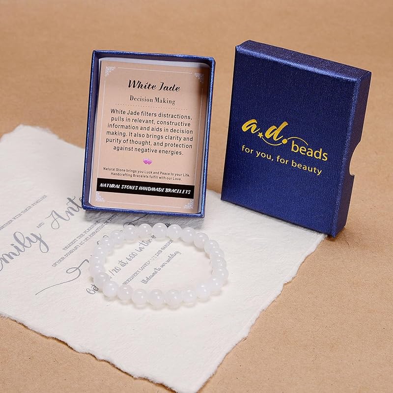 AD Beads Handmade Gemstone Stretch Elastic Bracelet Crystal Healing Reiki Nature's Beauty and Spiritual Essence Unisex (4mm, White Jade (Decision Making))