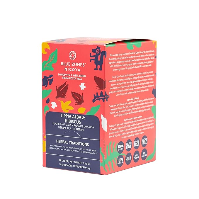Blue Zones Nicoya - Lippia Alba & Hibiscus Flavored Tea Bags - 100% Natural, Organic, and Refreshing - High Micronutrients - Gluten, Caffeine, Sugar-Free - Pack of 18 (1.59 oz/ 45 g)