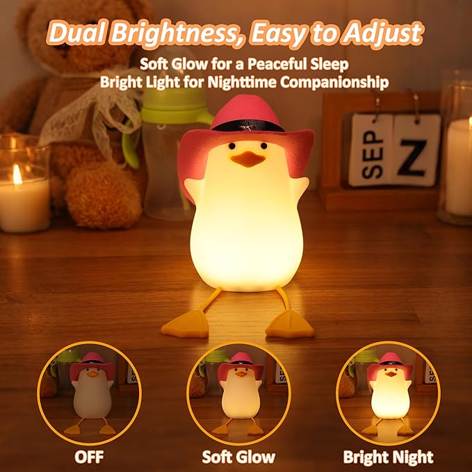 Cute Benson Ducks Night Light, Squishy Touch Silicone Animal Nursery Bedside Lamp, Dimmer & Rechargeable, Birthday Gift for Boys, Girls, Teens (Pink Duck)