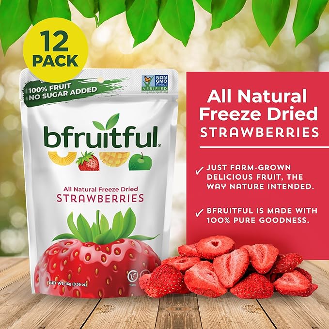 bfruitful Freeze-Dried Strawberries, Freeze Dried Fresh Fruit Bites, Gluten Free, Vegan, Dairy Free, Kosher, No Sugar Added, Non GMO, Healthy Snacks for Kids or Adults, 0.56 oz Single-Serve Snack Packets, 12 Pack