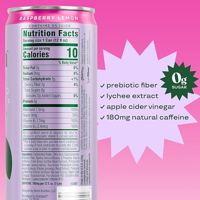 Bloom Nutrition Sparkling Energy Drink for Focus, Natural Caffeine, Zero Sugar, 180mg Caffeine, Antioxidant-Rich with Green Coffee Bean, Green Tea Extract, & Prebiotics, Raspberry Lemon 12oz 24 Pack