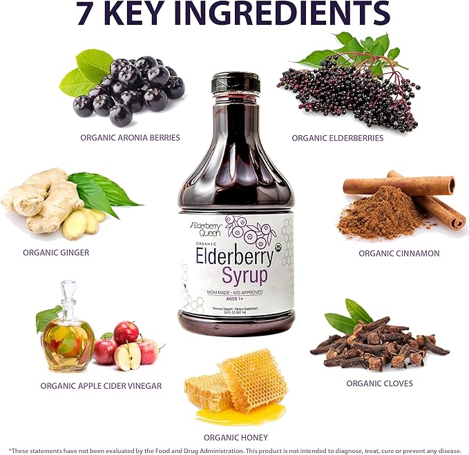 Elderberry Queen Organic Elderberry Syrup 30 Fl Oz - Immune Support Formula with Sambucus Black Elderberry & Aronia Berry - Pure Natural Certified Organic Elderberry Syrup for Kids and Adults