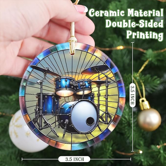 Drum Ceramic Christmas Ornament, 3.5 Inch Hanging Ornament, Drum Set Decor, Christmas Tree Ornaments, Gifts for Holidays