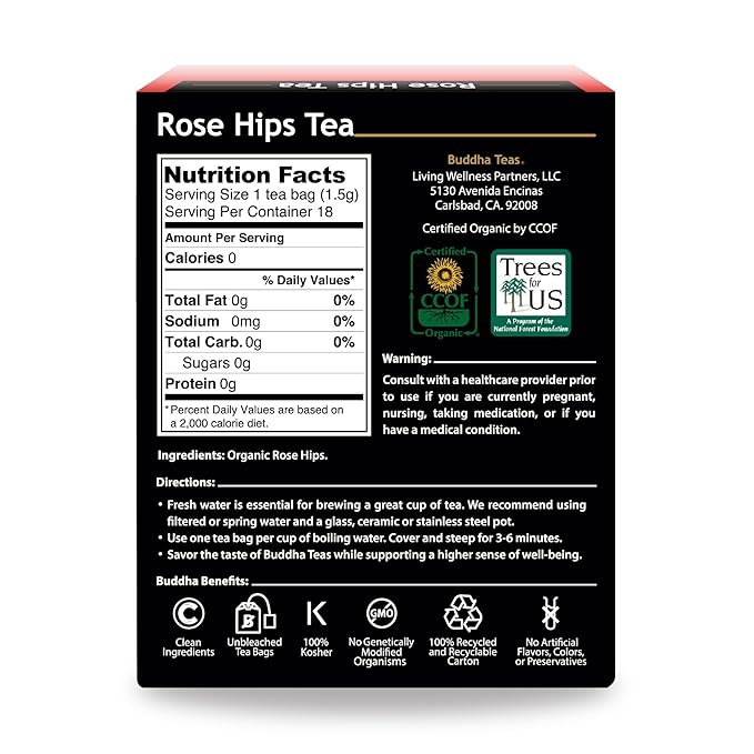 Buddha Teas Organic Rose Hips Tea - OU Kosher, USDA Organic, CCOF, 18 Bleach-Free Tea Bags