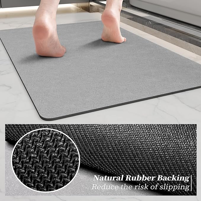 Bathroom Mat Rugs 47x17, Long Diatomaceous Earth Bath Mat Large Quick Dry Bath Mat Non Slip Rubber Backed Super Absorbent Shower Mat, Thin Bathroom Runner Rugs Floor Mat Fit Under Door, Grey