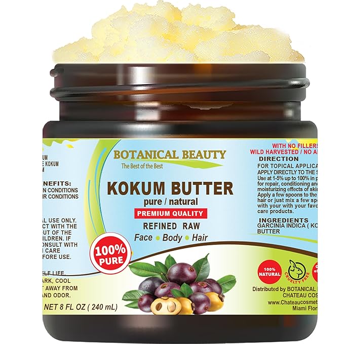 Botanical Beauty KOKUM BUTTER 100% Pure Natural REFINED Cold-Pressed for Face, Skin, Body, Hair, Lip, Nails. Rich in Vitamin E. Beauty Moisturizing Nourishing Butter Rich in Vitamin E (8 Fl Oz)