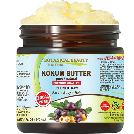 Botanical Beauty KOKUM BUTTER 100% Pure Natural REFINED Cold-Pressed for Face, Skin, Body, Hair, Lip, Nails. Rich in Vitamin E. Beauty Moisturizing Nourishing Butter Rich in Vitamin E (8 Fl Oz)