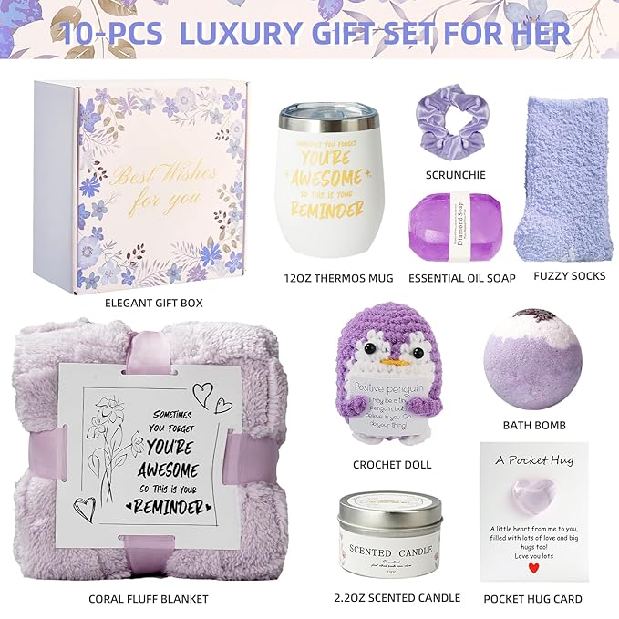 Self Care Gift Basket for Women, Luxury Spa Gift Basket with Blanket, Vanilla Coconut Self Care Set, Friendship Birthday Box for Mom, Sister, Wife, Best Friend, Coworker(Purple)
