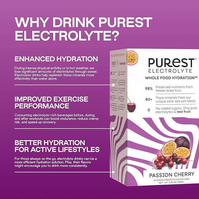 Know Brainer Purest Electrolyte Passion Cherry Powder Packets – Whole Food Hydration - Organic Freeze-Dried Fruits and Solar Sea Salts for Ultimate Electrolyte Balance