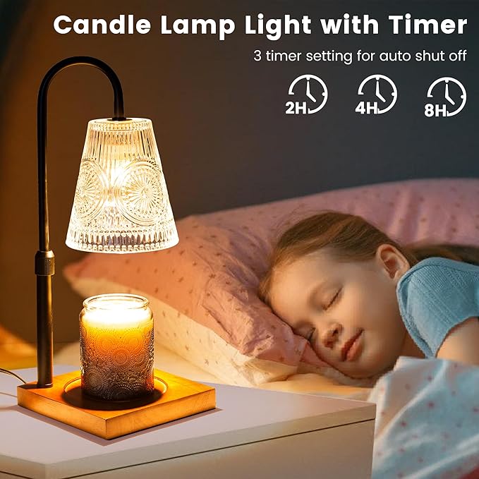 Candle Warmer Lamp with 2 Bulbs, Electric Candle Warmer with Timer -Clear Adjustable Height and Dimmer LampCandle Warmer for Scented Jar Candles Wax Melt Warmer for Home Decor