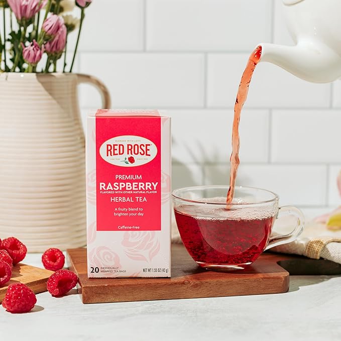 Red Rose Raspberry Herbal Tea Refreshing & Fruity Brewed Naturally Flavored Tea with 20 Individually Wrapped Tea Bags Per Box Caffeine Free Brew Hot