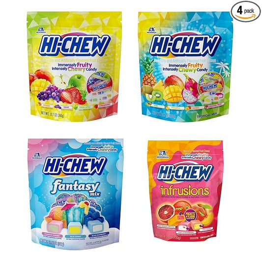 HI-CHEW Variety Mix Bulk, 220+ Pieces, 4 Stand Up Pouches - 13 Flavors Bulk, Sweet and Sour Chewy Candy, Unique Fun Soft - Immensely Juicy Fruity Flavors for Halloween Candy Treats & Sharing Treats