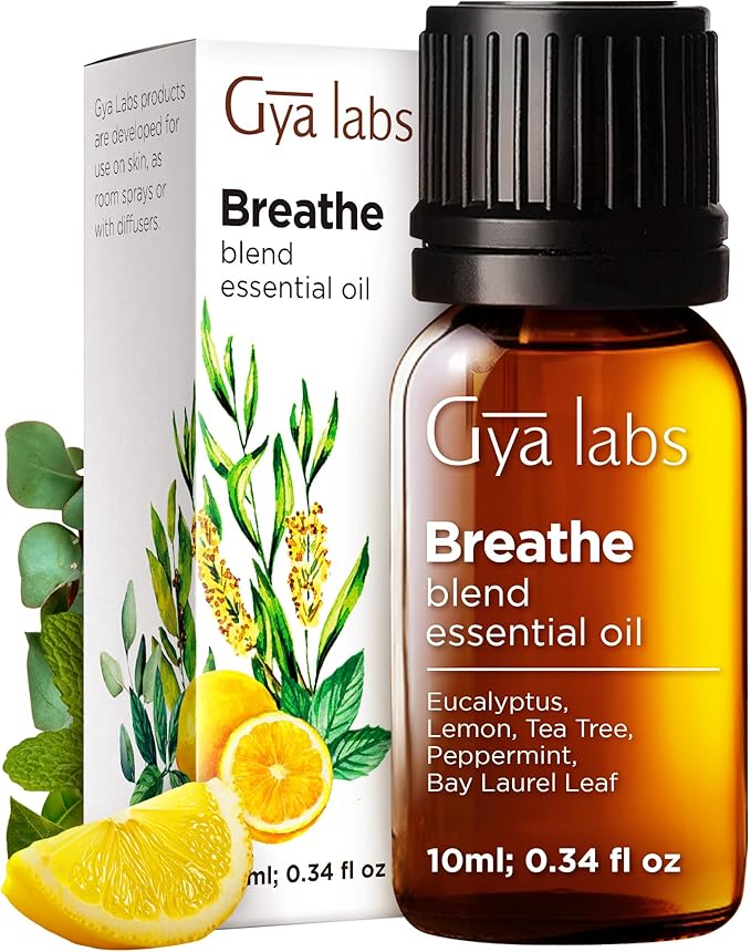 Gya Labs Breathe Essential Oil Blends - 100% Pure Natural Breathe Easy Essential Oils from Eucalyptus, Peppermint and More for Humidifier Cleaner (0.34 Fl Oz)