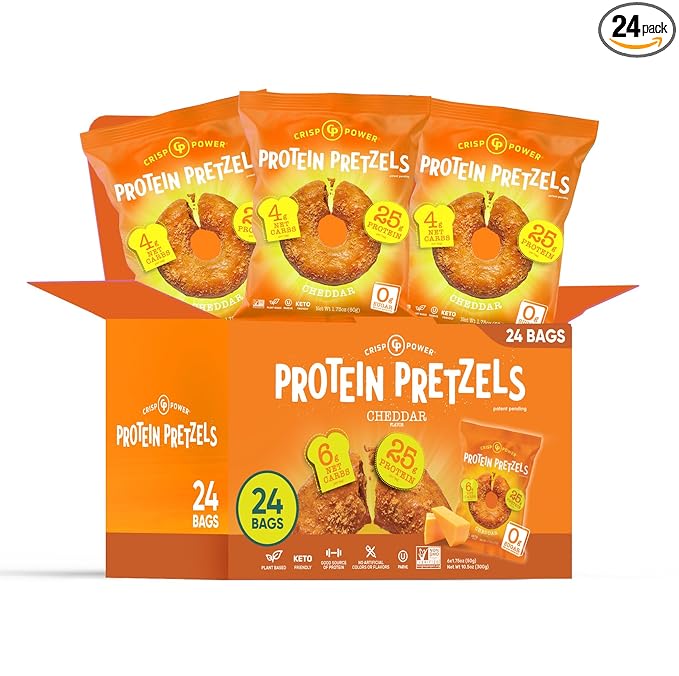 Crisp Power High Protein Pretzel Crisps - 6 Pack x 1.75 oz Crunchy & Flavorful Plant-Based Snack. No Sugar, 28g Protein Per Pack in 3 Savory Flavors, Vegan, Keto Friendly, Non-GMO, Kosher Non-Dairy (1.75 Ounce (Pack of 24), Cheddar)