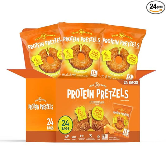 Crisp Power High Protein Pretzel Crisps - 6 Pack x 1.75 oz Crunchy & Flavorful Plant-Based Snack. No Sugar, 28g Protein Per Pack in 3 Savory Flavors, Vegan, Keto Friendly, Non-GMO, Kosher Non-Dairy (1.75 Ounce (Pack of 24), Cheddar)