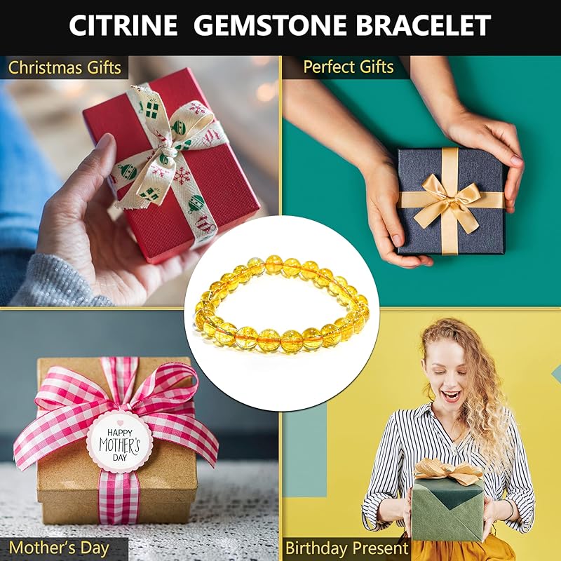 Citrine Bracelet, Natural Healing Crystal Bracelet for Women and Men, 8mm Round Beaded Bracelet for Spiritual, Protection, Positive Energy, Elastic Adjustable Size Gemstone Bead Bracelet