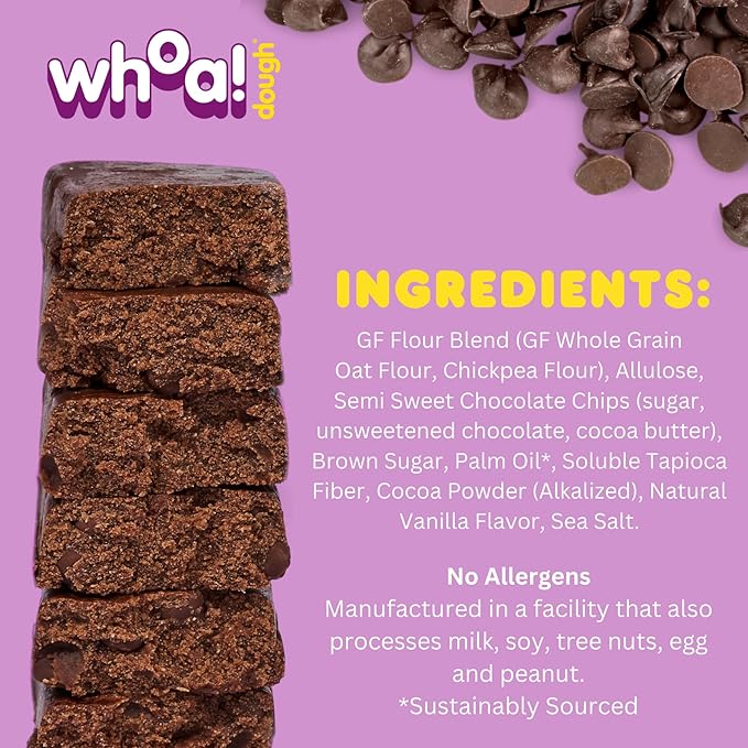 Whoa Dough Edible Cookie Dough Bars- Certified Non-GMO, Kosher and Gluten Free Bars - Healthy Snack Foods - Plant Based Snacks Made With Real Ingredients - Brownie Batter Cookie Dough - 4 Pack
