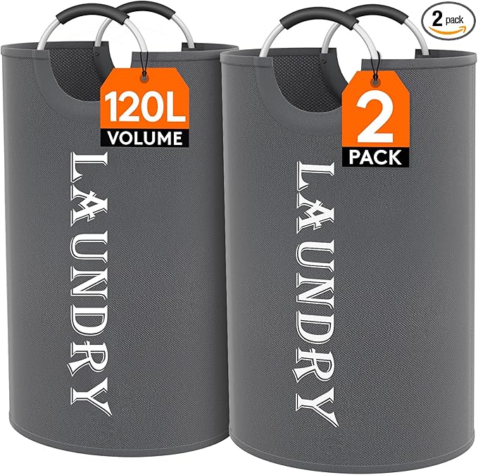 Lifewit 120L 2-Pack Large Laundry Basket, Collapsible Laundry Hamper with Aluminum Handles, Waterproof Freestanding Dirty Clothes Hampers for Laundry Room Bedroom Dorm Bathroom, Grey