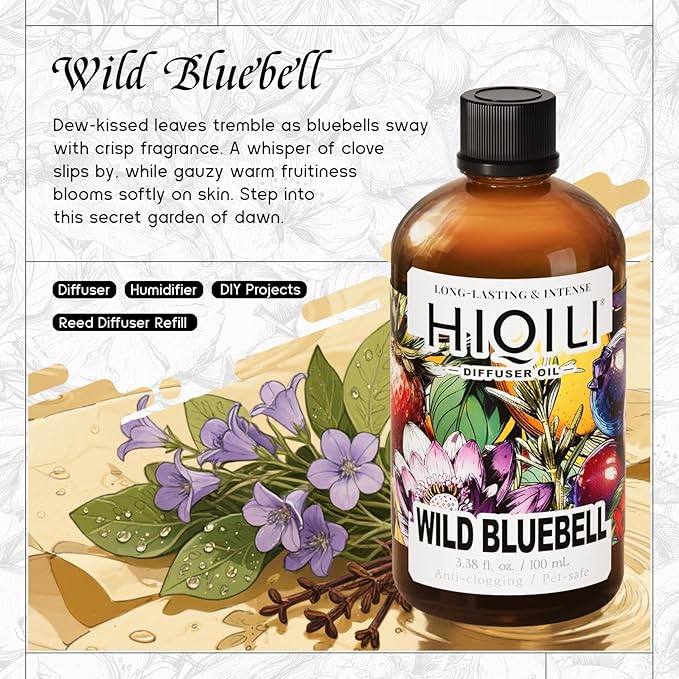 HIQILI Wild Bluebell Diffuser Oil for Scent Diffusers, Inspired by Jo M.lone's, Work & Relax, Ideal for Office, Bathroom, Travel - 3.38 Fl Oz