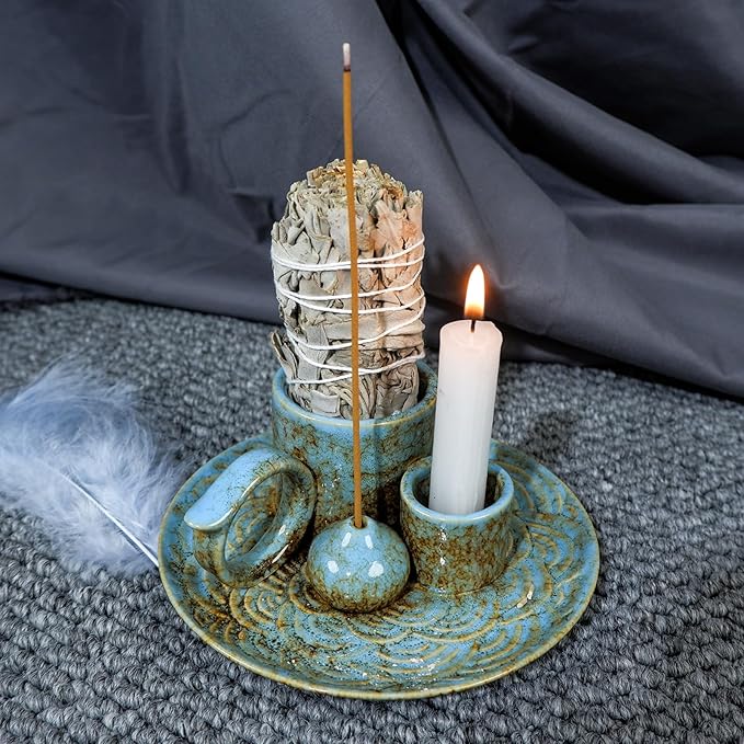 5-in-1 Ceramic Palo Santo Burner Holder Blue -Small Candle Holder & Smudge Burning Tray Bowl,Fits Incense Sticks/Cones, Sage.Zen Altar for Meditation Room, Aromatic Scents, Matches Compatible