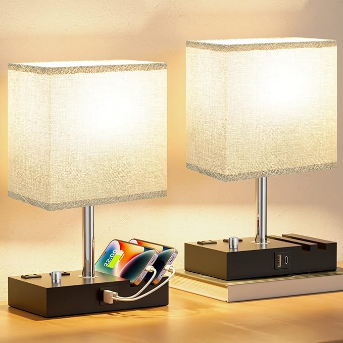 Kakanuo Fully Dimmable Bedside Lamps for Bedroom with USB C Ports, Grey USB Table Lamp Set of 2, Wooden Desk Lamp with 2 Charging Outlets and Phone Stand for Nightstand and Living Room, Bulb Included