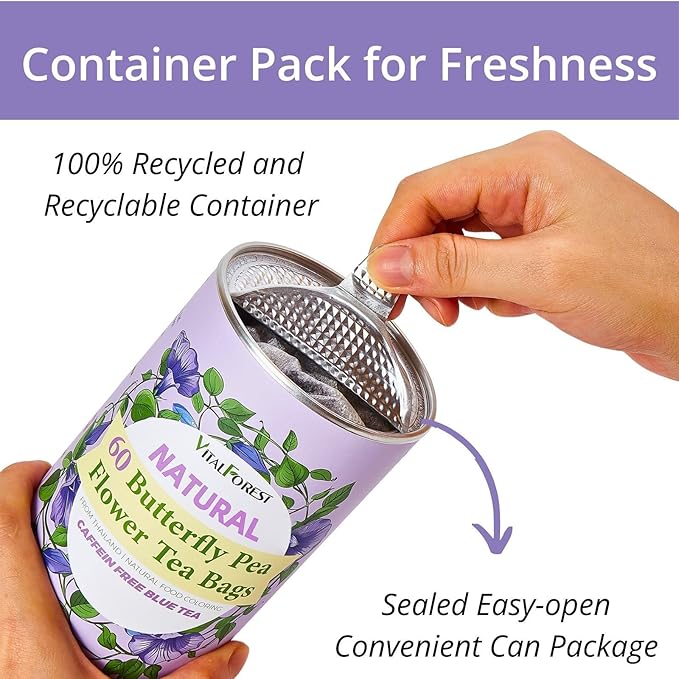 60 Dried Butterfly Pea Flower Tea Bags, VitalForest Butterfly Blue Pea Flower Tea, Premium Caffeine Free, Non-GMO, for Cooking, Iced Tea, Coolers, Cocktails and Mocktails