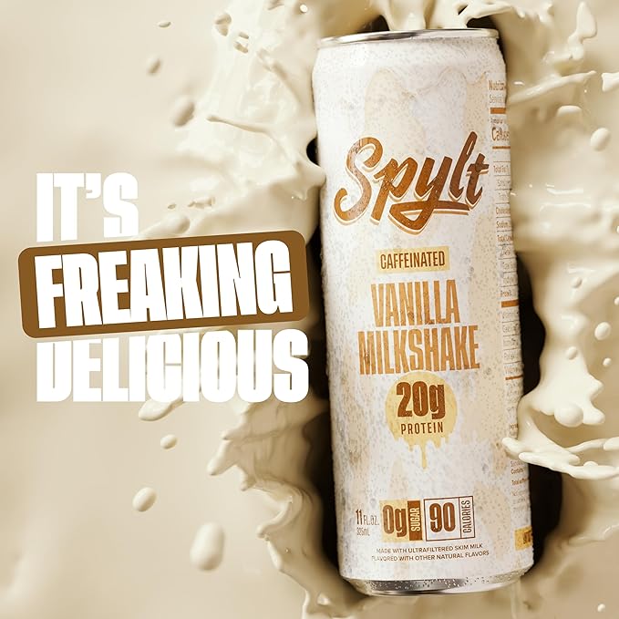 Spylt High Protein Vanilla Milkshake with 60mg Caffeine & 20g Protein - 90 Calories, Ready to Drink, Sugar Free, Lactose Free Milk, Perfect for Workout Recovery & Afternoon Pick Me Up - 12 Count
