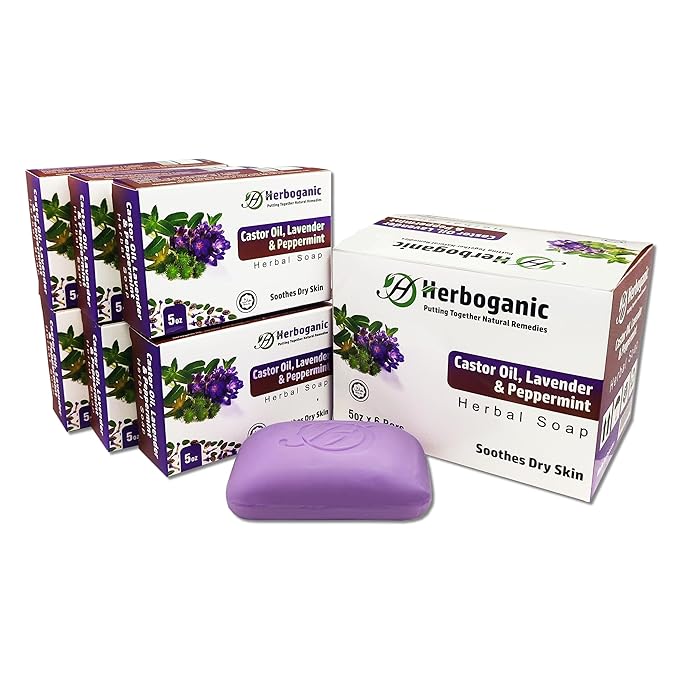 HERBOGANIC Castor oil lavender and peppermint Herbal Soap | Pack of 6 of 5oz soap Bar | Ideal for Men and Women, Soothing and Nourishing Soap for Moisturization