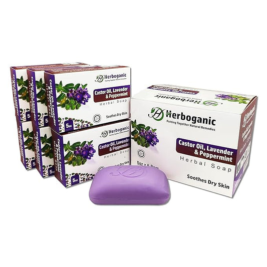 HERBOGANIC Castor oil lavender and peppermint Herbal Soap | Pack of 6 of 5oz soap Bar | Ideal for Men and Women, Soothing and Nourishing Soap for Moisturization