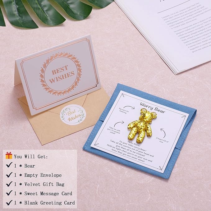 Worry Bear, Pocket Bear Hug, Anxiety Gifts for Men Women, Anxiety Relief Gifts, Mental Health Positivity Gift for Anxious Friend, Back to School Reminder of Comfort, Gold