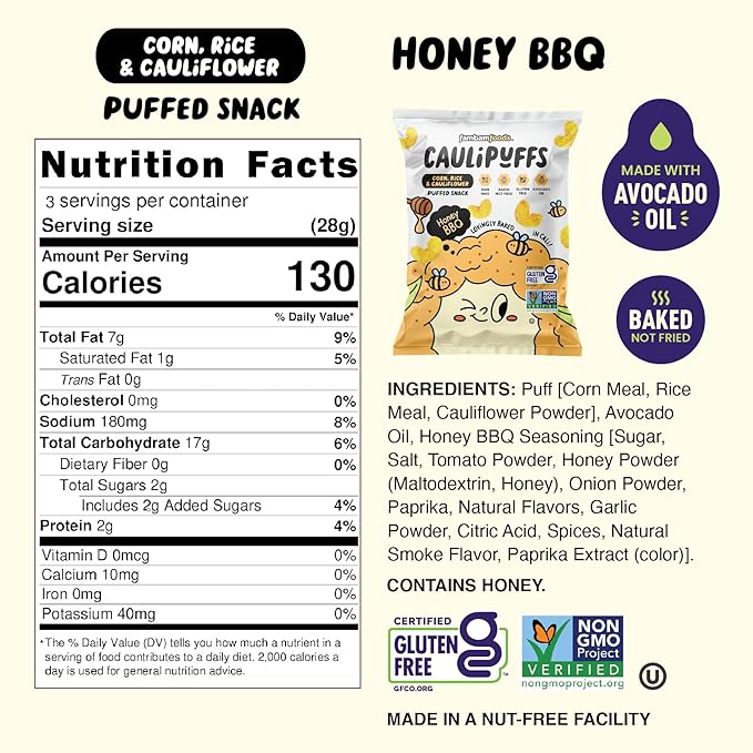 CauliPuffs - Corn, Rice, and Cauliflower Gluten Free Puffed Snack (5 x 3.0oz Bags, Honey BBQ)