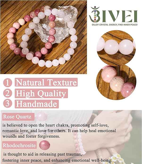 Bivei Natural Gemstone Semi Precious Healing Crystals Handmade Stretchy Round Beads Bracelet, Enhance Positive Energy
