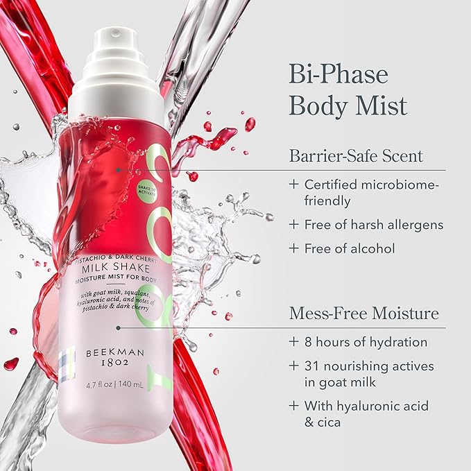 Beekman 1802 Milk Shake Body Mist - Pistachio & Dark Cherry 4.7 fl oz - Hyaluronic Acid, Jojoba Oil, Instantly Moisturizes, Hydrates & Softens, Good for Sensitive Skin, Cruelty Free