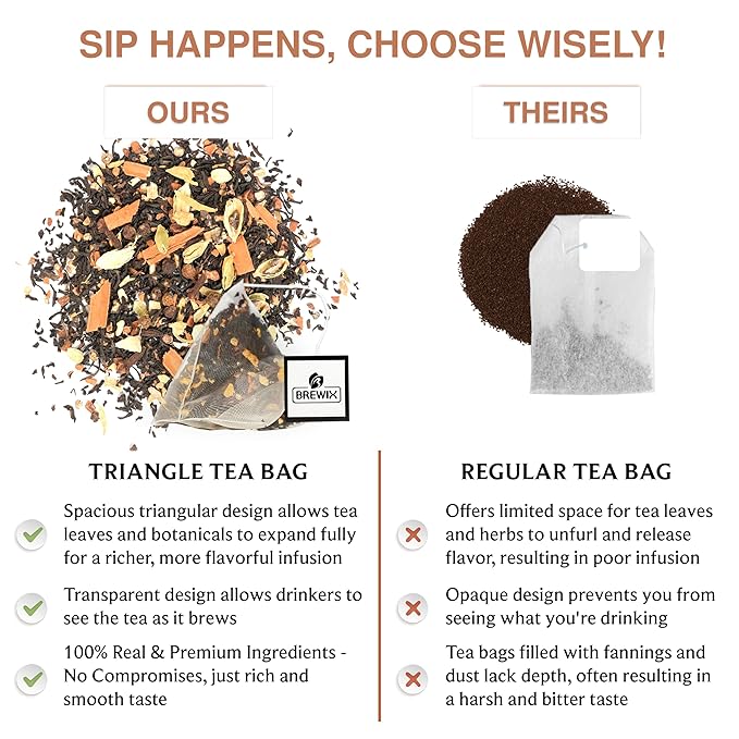 BREWIX, Masala Chai Tea Bags (22 Pyramid Tea Bags) Strong, Robust & Spicy - Pure Ingredients | Black Tea, Cinnamon, Ginger, Black Pepper, Cardamom & Cloves, Packed in Resealable Ziplock Pouch