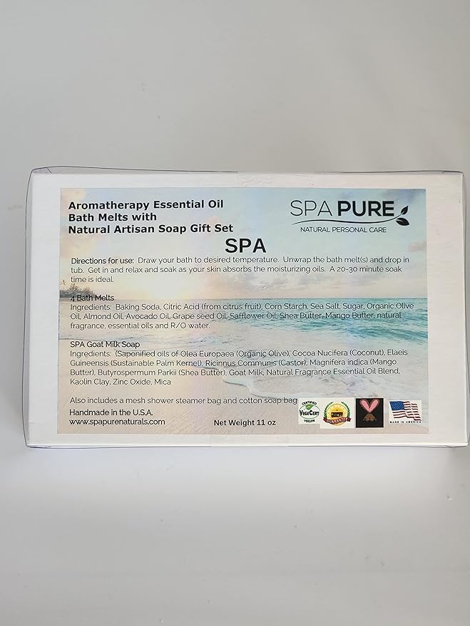 Spa Pure Aromatherapy Gift Set - Spa Bath Melts and Artisan Soap - Made in USA with Plant Based Ingredients - Cotton Soap Bag
