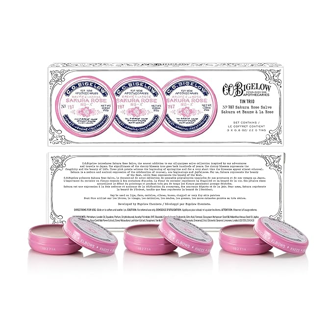 C.O. Bigelow Sakura Rose Salve Tins, Pack of 3 Lip Balm Tins, All Purpose Salve for Lips, Cuticles, Hands & Dry Skin, Lip Balm Set, 0.8 oz