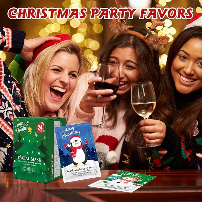24 Pack Christmas Facial Masks for Stocking Stuffers, Hydrating Sheet Face Masks Skincare, Bulk Facial Masks Set for Women Skin Care, Christmas Gifts for Women