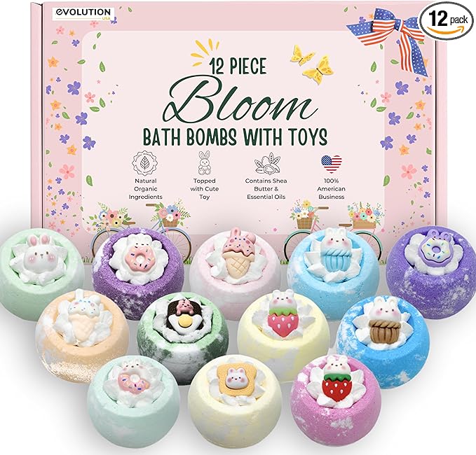 EvolutionUSA 12pc Bloom Bath Bombs with Toys, Adorable Girl Bath Bomb Set, Bubbly Kids Bathbombs, Fizzy Bath Ball, Kids Bath Bombs for Girls, Childrens Bath Bomb Set Christmas, Stocking Stuffer
