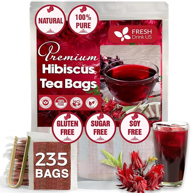 FreshDrinkUS, Premium 235 Hibiscus Flowers Tea Bags, 100% Natural, Pure from Hibiscus Flowers. Loose Flower Hibiscus Herbal Tea. Hibiscus Flower Tea. No Sugar, No Caffeine, No Gluten, Vegan.