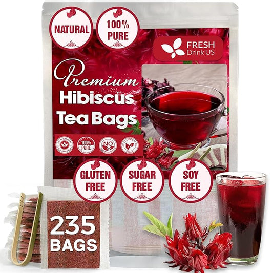FreshDrinkUS, Premium 235 Hibiscus Flowers Tea Bags, 100% Natural, Pure from Hibiscus Flowers. Loose Flower Hibiscus Herbal Tea. Hibiscus Flower Tea. No Sugar, No Caffeine, No Gluten, Vegan.
