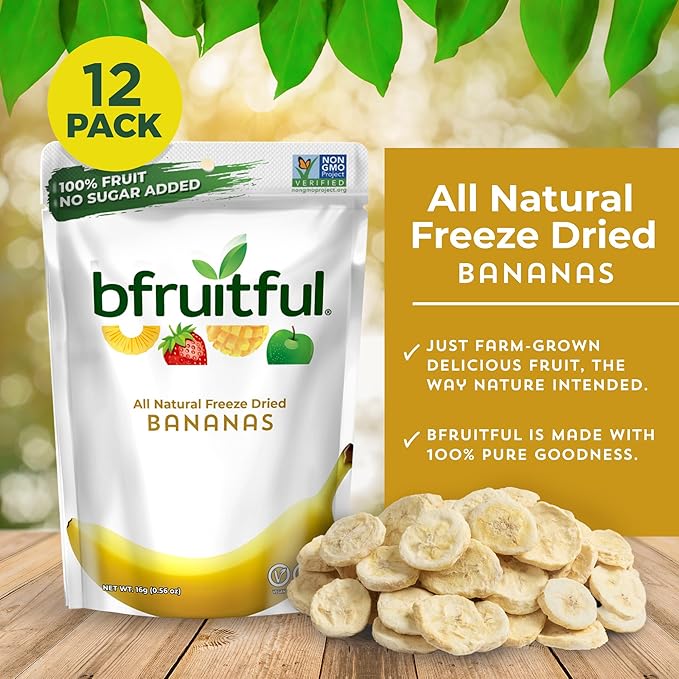 bfruitful Freeze-Dried Banana, Freeze Dried Fresh Fruit Bites, Gluten Free, Vegan, Dairy Free, Kosher, No Sugar Added, Non GMO, Healthy Snacks for Kids or Adults, 0.56 oz Single-Serve Snack Packets, 12 Pack