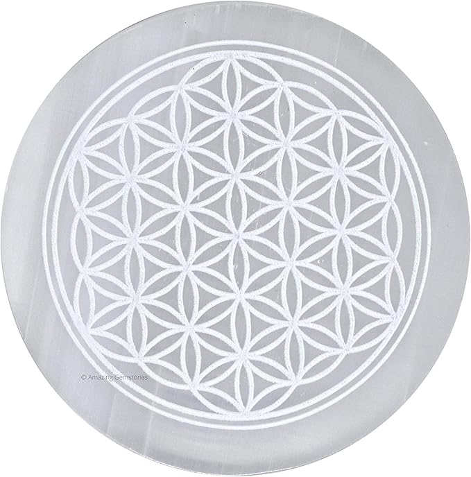 Amazing Gemstone Selenite Crystal Charging Plate For Crystals And Healing Stones, 3" Selenite Crystal Plate Engraved Flower of Life Coaster For Home, Office Table Decor (Selenite Round Disc)