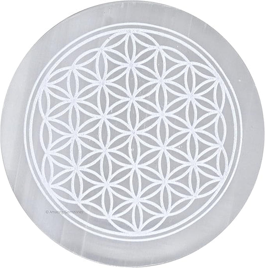 Amazing Gemstone Selenite Crystal Charging Plate For Crystals And Healing Stones, 3" Selenite Crystal Plate Engraved Flower of Life Coaster For Home, Office Table Decor (Selenite Round Disc)