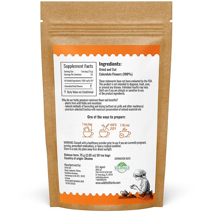 50 Bags Calendula Tea Dried Calendula Flowers Herb Herbal Tea - 50 Count 1.5 g Flower Herb